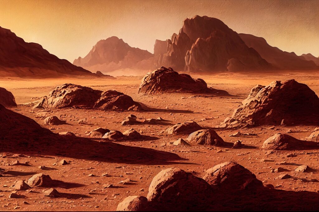 3D rendering of the dry landscape of the Mars planet
